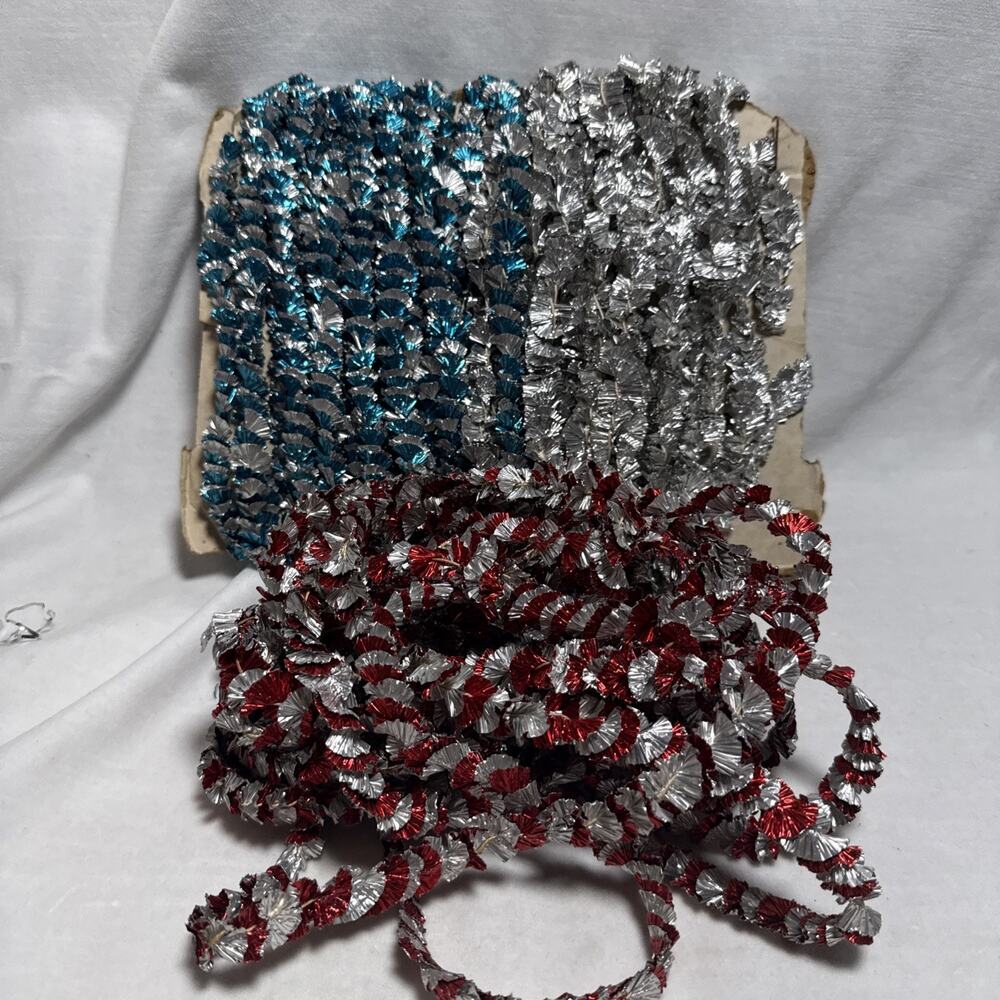 3 MCM Aluminum XMAS Tree Twisted Foil Garland in Blue, Silver & Red 122” Ea.